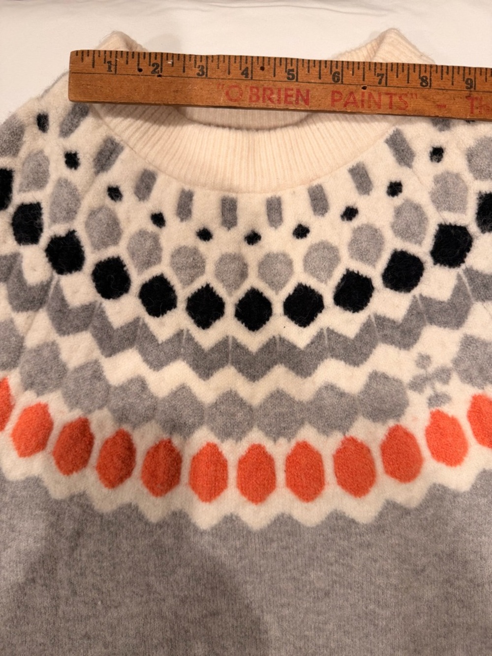 Club Monaco Gray Fair Isle Crewneck Sweater with Orange and Black Accents - Picture 5 of 10